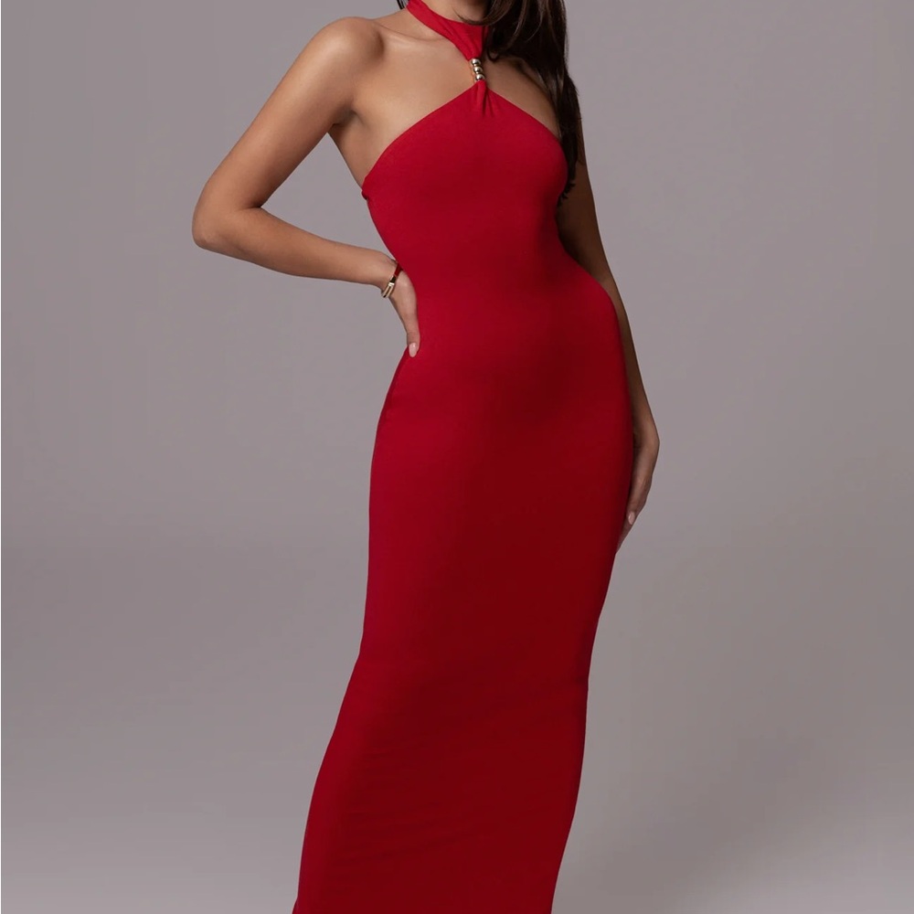 JLUXLABEL Elegant Red Halter Neck Dress